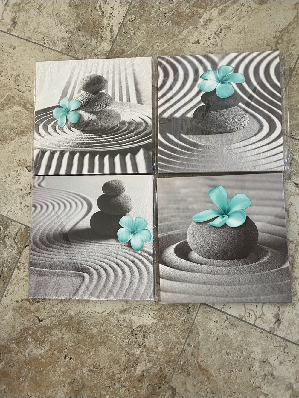Zen Stone Wall Art Set with Teal Flower – Home Bath- set of 4 - 12”x12”